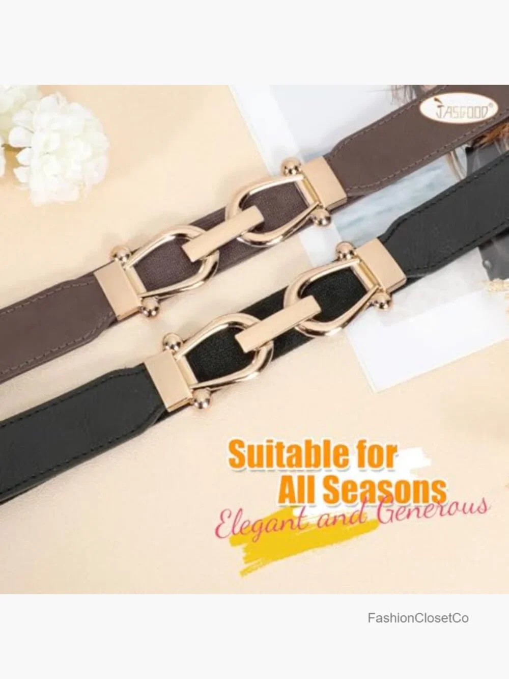 Stretchy Elastic Waist Belt with Gold Metal Buckle, High Stretch Leather